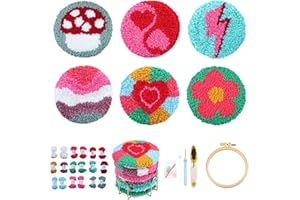 CEOVR Punch Needle Kit Sottobicchieri,Kit Completo per Ricamo Adulti Principianti 10x10 cm,Needle Punch Sottobicchieri Kit per Bevande Auto (rosso pimk verde)