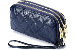 RRvane Genuine Leather Quilted Clutch Bag, Ladies' 3 Zipper Wristlet Wallet, Multifunction Purse with Wrist Strap for Women