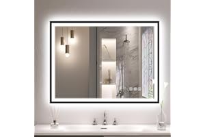 S'bagno Bluetooth-Espejo-Baño-con-Luz 80x60 cm, Espejos de Baño con LED y Función Antivaho/Cristal Templado/ 3000K-6500K/ Regulable, IP44 Espejo Baño LED con Marco de Hierro Negro