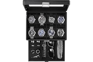 ProCase Estuche para Relojes, 8 Ranuras Caja Organizadora de Joyas con Cajón Multifuncional con Tapa Cristal Vidrio Vitrina Almacenamiento Porta Reloj para Hombres -Todo Negro