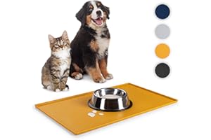 Everanimals podkładka pod miski dla kota 30x50 cm - mata pod miski dla psa z podniesionym rantem - wodoodporna mata pod miski dla psów - podkładka dla kota z silikonu - mata na jedzenie - żółta