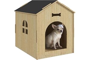 PawHut Niche pour Chien intérieure, Maison Chien intérieure en Bois, avec Motifs d'os Creux, fenêtre, Assemblage Facile, pour Chien Miniature, Chat, 47 x 57 x 58 cm, chêne