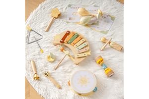 ROBOTIME Holz-Musikinstrumente Set für Babys, Niedliche Percussion-Spielzeuge für Kleinkinder, Xylophon, Rasseln, Tamburin, 11PC Pädagogisches Montessori Klangspielzeug für Kleinkind ab 10 Monate