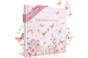 EULENTALER® Das Schulfreundebuch für Mädchen Schmetterlinge I Von Pädagogen gestaltet I Handgemalte Schmetterlinge & Blumen I Geschenk zur Einschulung I Goldprägung I Freundebuch Grundschule