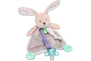 BABY NAT' - Doudou Attache Sucette Lapin POUPI - Doudou Carré Ultra Doux - Gris/Beige - Attache Tétine Compagnon de Bébé - Pour les Câlins Enfants - Idée Cadeau Naissance - BN0602