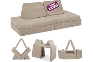 Linodino® Spielsofa Cord - Kindersofa | Schaumstoff Bausteine - Kinder Sofa für einen aufregenden Indoor Spielplatz | XXL Kindercouch als Kuschelecke im Kinderzimmer | Mit Schlaffunktion | Nebelgrau