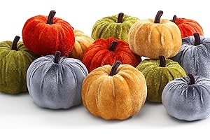 XIANNVXI 12 Pcs 4 Colours Mini Velvet Pumpkins Decorations Faux Artificial Pumpkins Decor Fake Harvest Fabric Foam Pumpkin Ornament for Halloween Decor Indoor Outdoor Autumn Decoration
