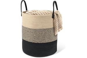 HDRNT Panier à linge en coton tissé - 45 l - Panier à linge avec poignée - Trieur à linge tressé - Panier de rangement pour buanderie, chambre d'enfant, salle de bain (35 cm x 40 cm) (beige + noir)