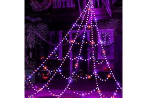 SKYELE 2.8m Halloween Spider Web with 266 LEDs Orange and Purple Lights, Outdoor Cobweb Mains Powered with Plug 8 Modes 5 Ground Stakes, Waterproof Decorations for Outside Garden Yard Haunted House