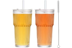 DUBUOZA Juego de 2 Vaso de Vidrio 600ml con 2 Tapa y 2 Pajitas y 1 Cepillo de Cristal, Taza de Agua Sello,Adecuado para Jugo, Cócteles, Cerveza, Café