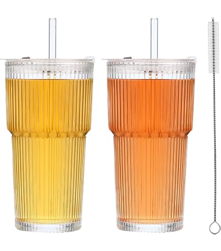 Lot De 2 Verres à Eau/paille 600 Ml Avec Couvercle étanche - Verre épais, Design Nervuré - Pour Smoothie, Café Glacé, Boissons