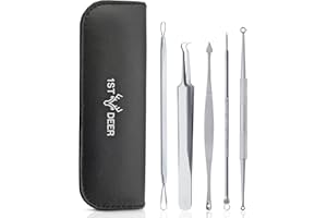 1st Deer Extracteur Point Noir de Acné, 5 Pcs Kit Extracteur Professional Pince Point Noir pour Retire Comédons, les Boutons et les Pustules en Boîtier Cuir