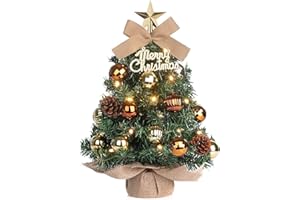 DEWUR Árbol de Navidad Mini, árbol de Navidad Artificial pequeño con iluminación led y Decorado, decoración navideña para Mesa, 40 cm (marrón con Dorado)
