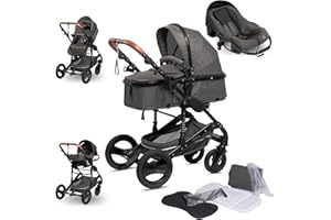 Bronea EXQUISE Kombi-Kinderwagen 3 in 1 INKL. MATRATZE | FARBAUSWAHL | Buggy, Auto-Babyschale, Zusammenklappbar mit Wickeltasche, Regenschutz, Mückenschutz & Sonnenschutz, Farbe:grey/schwarz