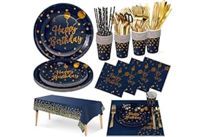 Nkaiso Partygeschirr Kindergeburtstag,161 Stück Marineblaugold Partygeschirr Set Party Set mit Pastell Becher Servietten Tischdecke Pappteller Geburtstag Mädchen Geburtstagsdeko für Party Geburtstag