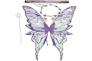 JIAHUADE Ailes de Fée Enfant,Ailes de Papillon,Ailes de Fée Adulte, Oreilles d'Elfe,Bandeau de Fée Et Baguettes de Fée Étoile, Cosplay, Fête d'anniversaire,Costume d'Aile pour Carnaval ou Soirées (Violet)