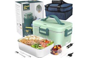 Fishoney Scaldavivande Elettrico Portatile, Porta Pranzo di Acciaio Inossidabile 75W, con Forchetta e Cucchiaio e 2 Contenitori Removibili, 3 in 1(12V/24V/220V), per Auto/Camion/Ufficio/Casa(1.8L)