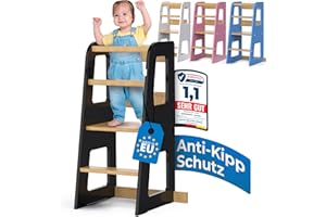 Schwanfeld® Lernturm ab 1 Jahr [ANTI KIPP SCHUTZ] - inkl. Montagezubehör - Montessori Lernturm aus zertifiziertem Massivholz (bis zu 50kg belastbar) - Learning Tower 3 Level (höhenverstellbar)