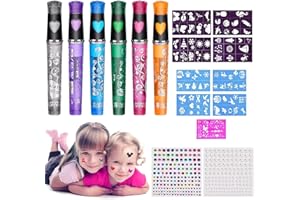 ILAMDEETEK Tatuaggi Penne Bambini(6 Pezzi), 8 Stencil Tattoo, Pennarelli Glitterati, con Decorazione di Strass, per Halloween, Natale, Festa
