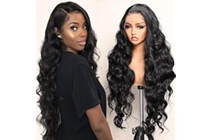 SOKU Perruque Synthétique de haute qualité Ondulée Longue Noire 81cm 13x6 Dentelle frontale avec Baby Hair pour Femme Naturelle