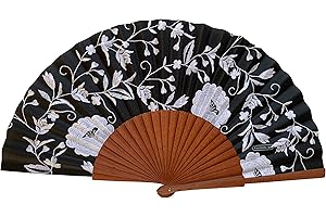 Tusitala Barcelona Ventaglio in Legno e Cotone Manuela - 100% Artigianale e Spagnolo - Include Custodia in Iuta Naturale - Accessorio di Moda Fatto a Mano - Misura 23 cm.