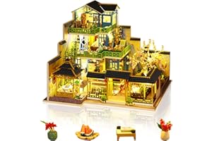 Cuteefun DIY Miniature Dollhouse Kit, Wooden Dollhouse Kit with LED Light, Handmade Crafts for Adults Teen to Build, Make Your Own Dream House Model (Green Spring Yard)