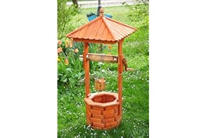 BTV Grosse Holz-Brunnen, Gartenbrunnen groß 130 cm, einstöckig Klassik MIT Rolle & Eimer, EXP140-ng-MS,GEFLAMMT voll funktionstüchtig,schöne Details, Metallkette Deko-Brunnen Outdoor, Brunnen mi