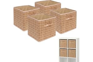 Relaxdays förvaringskorgar, 4-pack, bambu & tyg, hyllkorgar med ögla, natur