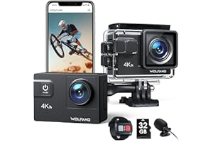 WOLFANG GA300 Cámara Acción 4K, Submarina 40m Impermeable con Tarjeta 32GB, WiFi 60FPS 24MP, Zoom 8X + Gran Angular 170° EIS, Mando 2.4G, Pantalla Táctil, 2 Baterías 1350mAh