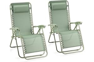 VonHaus Zero Gravity Chairs Set of 2 - Reclining Sun Loungers for Garden - Textilene Folding Sunloungers with Detachable Headrest - Fold Away 2 Set Deck Chairs for Outdoor, Patio (Sage Green)