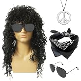 CATMEYE 4 Piece Costume Accessory Set, Wig, Sunglasses, Necklace and Headband, for Disco 70s/80s, Hippie, Carnival, Halloween