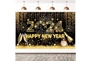 RUNMEIHE 2024 Großes Happy New Year Banner Deko mit Schnur, 180 x 110 cm Neujahrs Innenhaus Fotohintergrund Dekoration, Silvester Partyzubehör