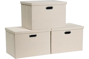 FABINADO 260g/m² Large Fabric Storage Boxes with Lids, Linenette Storage Baskets for Clothes & Toys, Odour Dispersal Process, 3mm Support Layer, Reinforced Edges, 3 Pack, Candlelit Beige