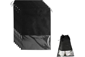 Ulife Mall 6 Stück Schuhbeutel mit Transparentem Fenster, Großer Kordelzug Reise Durchsichtig Schuhtasche Wasserabweisende Staubabweisende Schuhsack für Zuhause-Aufbewahrung Sport Camping, Schwarz