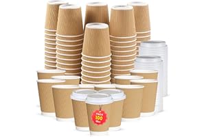 CHEF ROYALE 100 x 12oz Disposable Coffee Cups with Lids - Takeaway Paper Cups for Hot & Cold Drinks - Kraft Triple Walled Disposable Paper Cups - Takeaway Cups