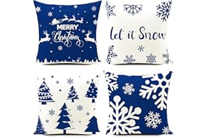 HUASHUZI Świąteczne niebieskie białe poszewki na poduszki świąteczne dekoracje dekoracyjne zestaw 4 świątecznych dekoracji na imprezę, do domu, na sofę, łóżko, do salonu, biura, 40 x 40 cm