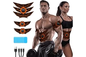 SEVEKO EMS Bauchmuskeltrainer Bauchtrainer, Bauchmuskeltrainer, Sicher Effektiv Schneller EMS Trainingsgerät, Ganzkörper-Muskeltrainer, 8 Modi und 15 Intensitäten, 10 Stück Ersatz-Hydrogels (Orange)
