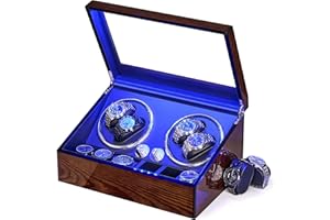 BEWISHOME Remontoir de Montre Automatique, Rotate Remontoir à Montres avec lumière LED, 4 Remontoirs avec Moteur Silencieux et 6 étuis de Rangement pour Montres, Boîte de Remontoir de Montres,ESYQ01Y