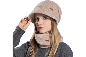 AYPOW Winter Hat Scarf Set for Women, Thick Thermal Warm Knitted Slouchy Visor Hat Beret Hat Circle Neck Warmer Set with Fleece Iining for Winter Outdoor Activities, Winter Gift for Ladies