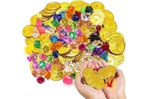AEVORANT Set da 50 Monete d'Oro & 100 Pietre Preziose per Caccia al Tesoro | Tesoro Pirata in Eco-Plastica e Acrilico - Ideale per Feste di Compleanno, Decorazioni e Giochi Avventura