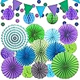 HONMOK 23 Pcs Mermaid Party Decorations Blue Green Purple Hanging Paper Fans Pom Poms Honeycomb Balls Garland Triangle Flags for Girls Women Mermaid Under The Sea Birthday Party Decorations