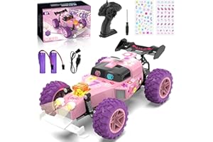 Cheffery Ferngesteuertes Auto Mädchen, 1:18 Rc Buggy Pink mit 2PCS Aufkleber, LED-Lichtern, All-Terrain Rosa Auto Spielzeug Geschenk für Kinder ab 3 4 5 6 7 8 9 Jahre