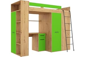 BIM Furniture, VERANA P - Letto a castello, letto a soppalco, 190x90 cm, con scale, armadio, mensola, scrivania, per bambini, lato destro (rovere Artisan/verde)