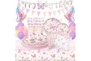 Komicea Schmetterling Partygeschirr Set, Pappteller Kindergeburtstag mit Luftballons, Schmetterling Deko Geburtstag, Pappteller Tassen Servietten Tischdecke für Geburtstagsdeko Mädchen Party 16 Gäste