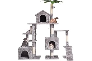 JISSBON Cat Tree Tower for Indoor Cats, Multi Level Cat Castle with Scratching Boards, Large Plush Perch & Cat Condo with Leaves for Kittens, Adult Cats, Light Grey