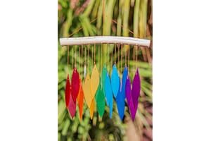 My Family House Glass Wind Chime - Straight Leaves in Rainbow - 100% Fair Trade - Handmade from Recycled Materials