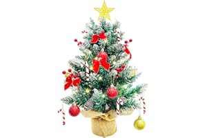 BSEICAL Weihnachtsbaum mit Beleuchtung und Schnee 60cm, Künstliche Weihnachtsbäume Geschmückt, Tannenbaum Lichterkette Deko mit Weihnachtskugel Tannenzapfen Christbaumspitze Stern Weihnachtsdeko DIY Tischdeko