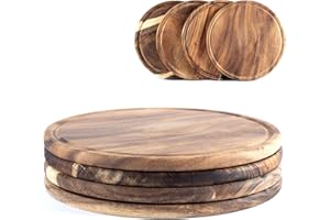 Hanseküche Lot de 4 assiettes à viande rondes en acacia Ø 25 cm – Assiettes rondes – Assiettes à déjeuner, planche à pain, planche de service, planche à découper en bois – Idéal pour le petit-déjeuner