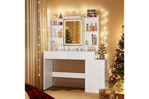 VASAGLE KAILYN Collection - Dressing Table with LED Lights, 40 x 117.5 x 145 cm, Modern Makeup Desk, Vanity Table with Mirror, Drawers, Open Compartments, Adjustable Shelves, Cloud White RDT624W02