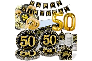 GOLDNICE Piatti Compleanno 50 anni Uomo Donna, Set Piatti e Bicchieri con Palloncino Tovaglia per 50 anni Festa Compleanno, Stoviglie Oro Nero Tovaglioli Striscione, Decorazioni 50 anni Compleanno Addobbi